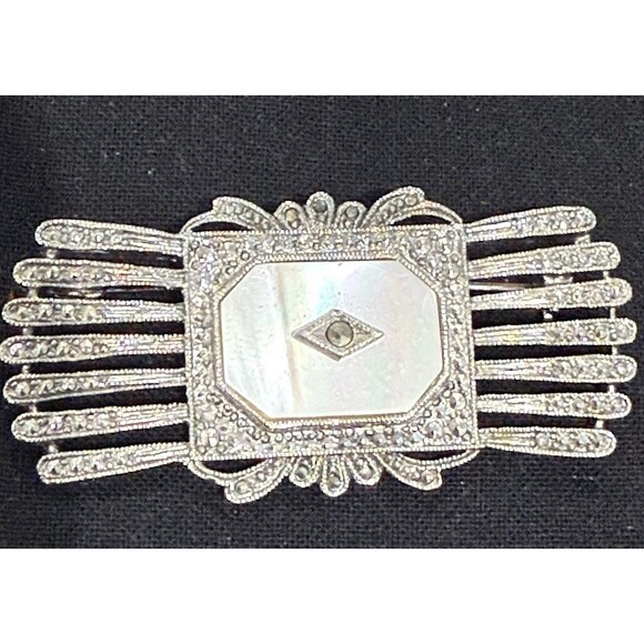 Lot of 3 Vintage Art Deco Style Brooches: MOP, Black Bar, Champagne Rhinestone - Picture 4 of 16